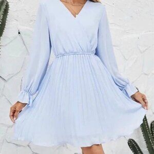 BBX Lephsnt Light Blue Wrap V-Neck A-Line Pleated Long-Sleeve Dress P5396